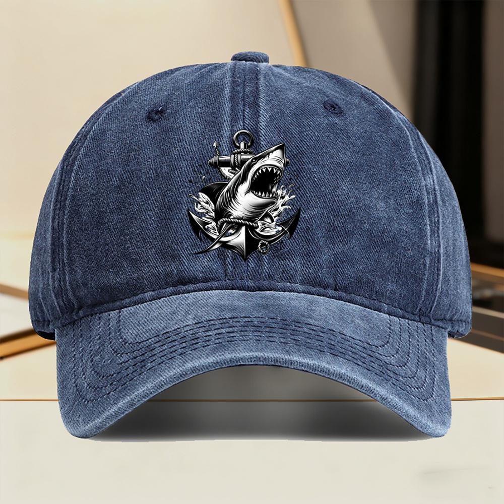 Shark Anchor Print Baseball Cap Vintage Washed Adjustable Snapback Hat Streetwear for Men Women