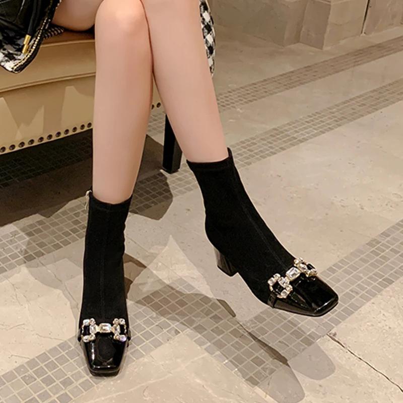 Crystal Luxury High Heels Snow Ankle Boots Women's Shoes Suede Square Toe Trend Autumn Pumps Designer Dress Mujer Zapatillas