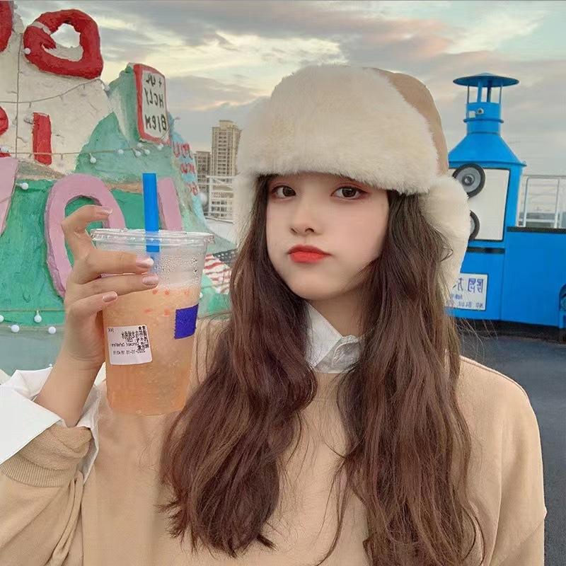 Winter Plush Earflap Bomber Hats Cotton Lamb Hair Ear Protectors Russian Hat Plush Thicken Windproof Mountaineering Ski Snow Pilot Outdoor Sport Cap