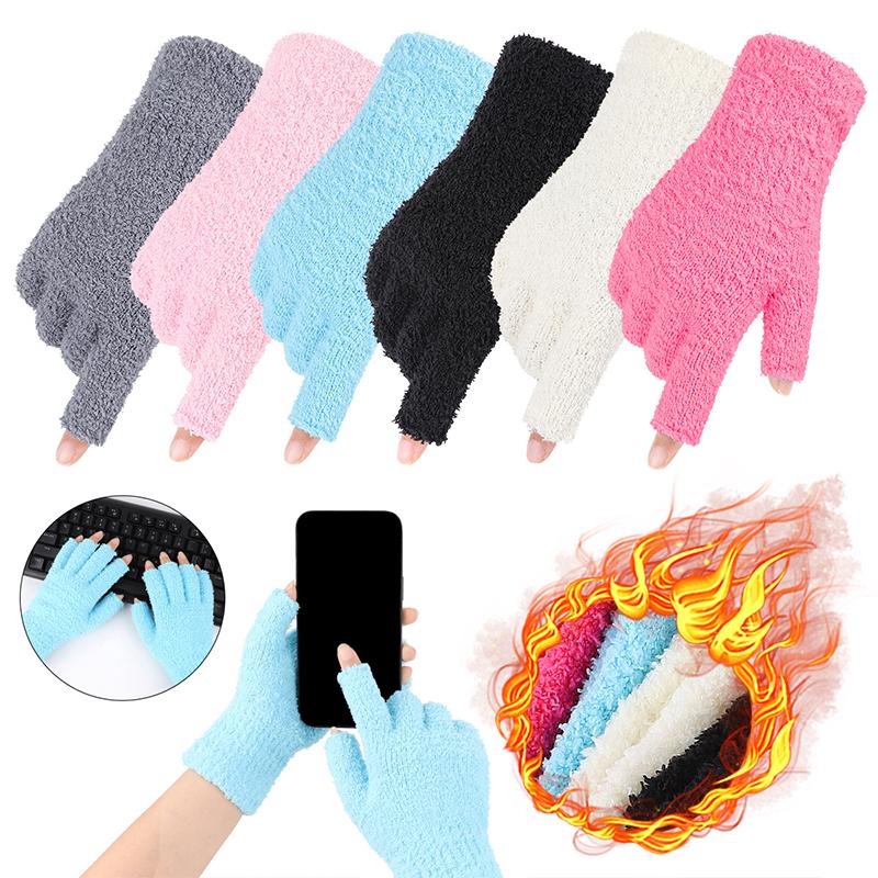 Autumn Winter Plush Half-Finger Gloves Thickened Coral Fleece Keep Warm Knitted Gloves