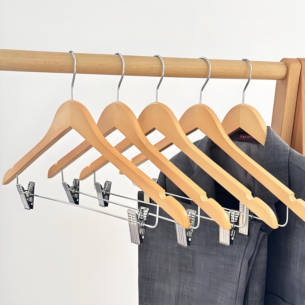 10pcs Solid Wood Hangers with Clips for Shirts T-Shirts Suits Coats and Wardrobe Use