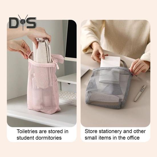 Storage Shower Bag Beach Toilet Bag Zipper Closure Large Capacity Solid Color Hollow Mesh Cosmetic Bag with Handle