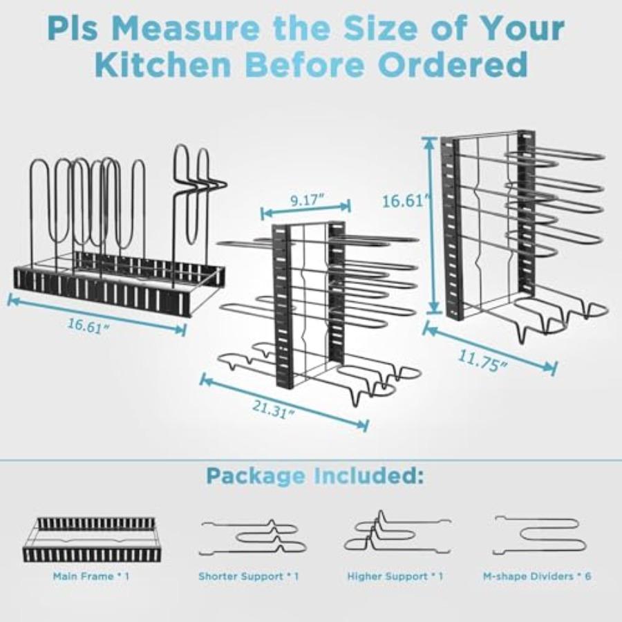 Pots and Pans Organizer for Cabinet 16.61 Height 8 Tier Pot Organizers Rack with 3 DIY Methods Adjustable Pan Organizer under C