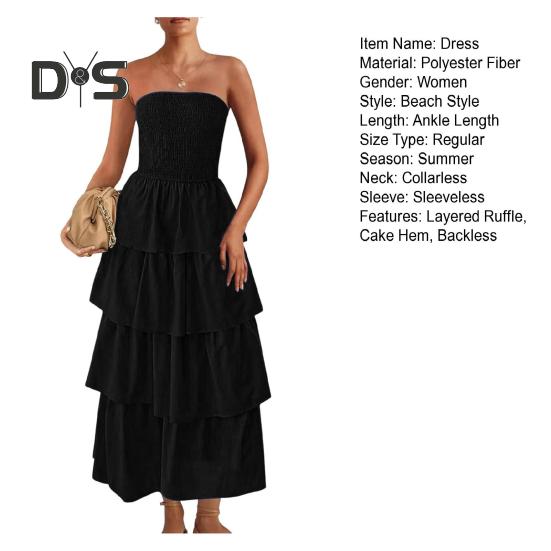 Trägerloses Kleid für Damen, schulterfrei, rückenfrei, ärmellos, Strandkleid, mehrlagiges Rüschenkleid, verstreuter Saum, Urlaubskleid, elastische Brust, Maxikleid