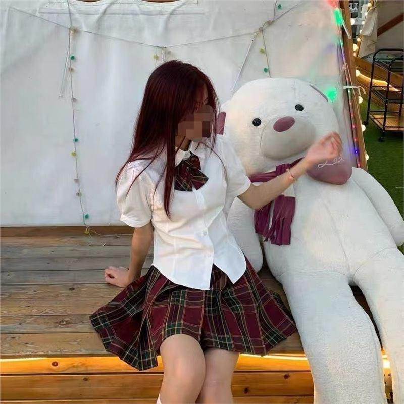 Pure Desire JK Uniform: Women's Slim-Fit Short Sleeve Shirt & Plaid Skirt Two-Piece Set