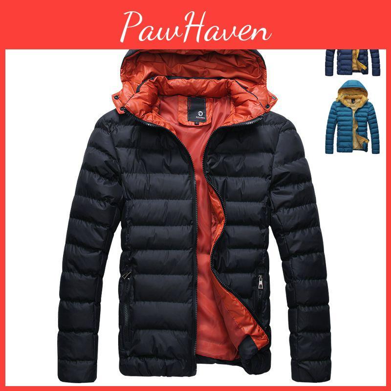 Men's Winter Warm Hooded Thick Padded Jacket With Stylish Stand Collar And Zipper Pockets