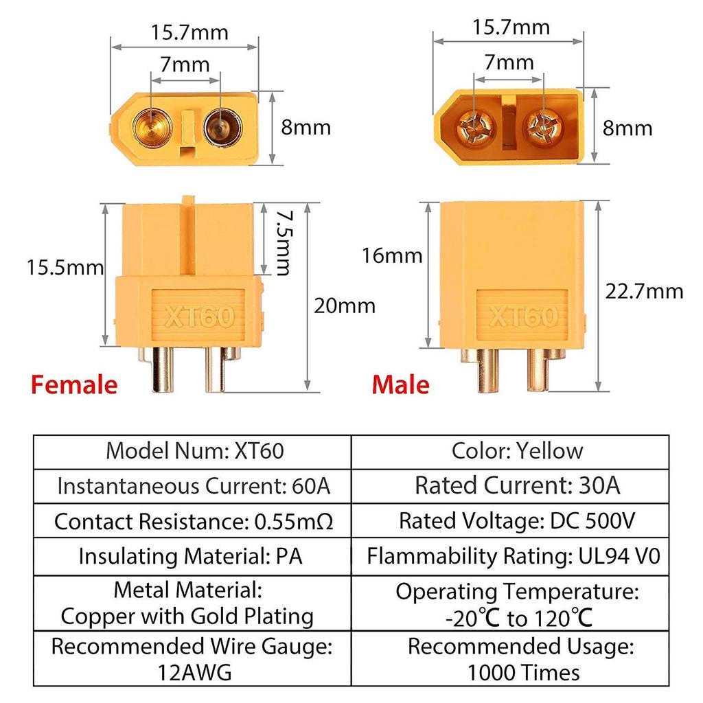 GTIWUNG 1 Stück XT60 Stecker-Buchse Kabel 12AWG 50cm, 1 Paar XT60 Stecker, XT-60 Stecker und Buchse, XT60 Stecker und Buchse Kugel
