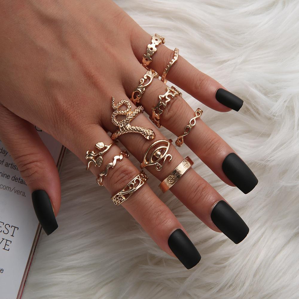 Bohemian Creative Drip Vintage Geometric Ring Full Diamond Shining Serpentine 11-Piece Combination Joint Ring