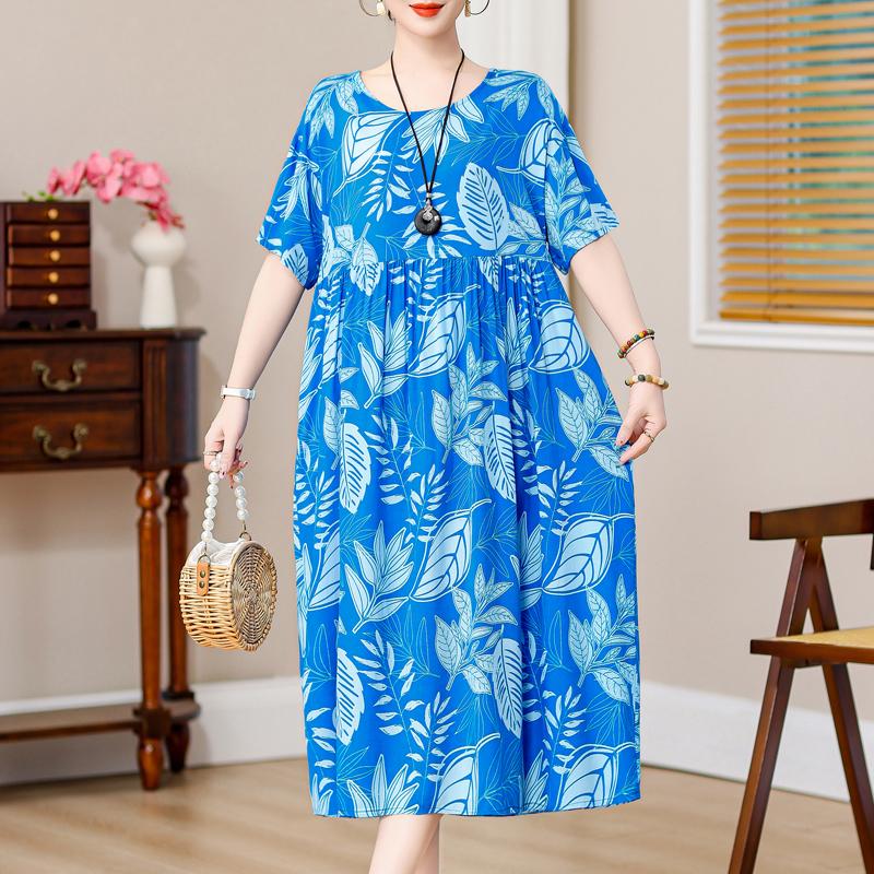 Plus Size Vintage Print Long Dress for Women Oversize Short Sleeve Elegant Loose Dresses Summer Casual Middle-aged Women's Clothing