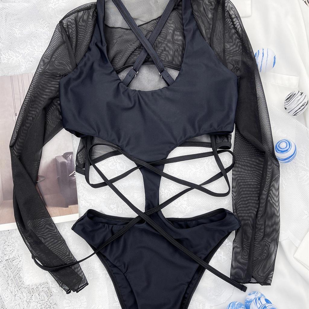 Costume da bagno da donna Nero Costume intero bikini con lacci sul retro Costumi da bagno brasiliani sexy