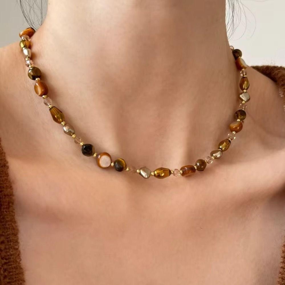 Brown Natural Tiger Eye Stone Vintage Choker Necklace New Trendy Beaded Chain Necklace  Gift