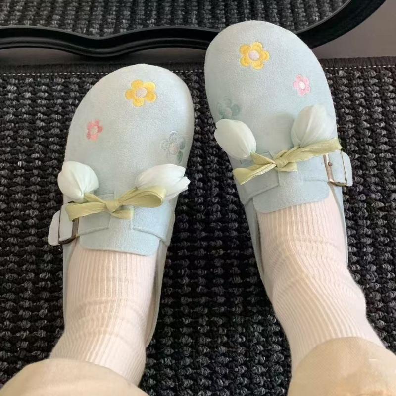 Fashion Sweet Detachable Lace Up Flower Decoration Close Toe Slides Women Summer Round Toe Soft Sole Slippers Fashion Outdoor Slippers