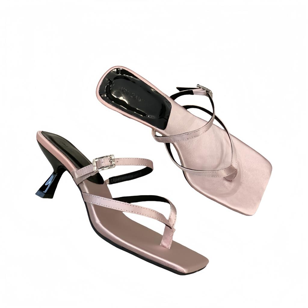 2025 Summer New High-heeled Sandals French Square Toe Flip-flops Women's Shoes Outside