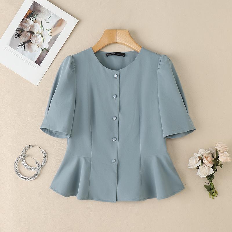 

ZANZEA Женская повседневная летняя блузка с круглым вырезом и коротким рукавом 2XL синий