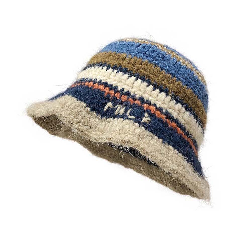 Anti-cold Knitted Bucket Hat Warm Woven Basin Cap Seaside Beach Cap Striped Fisherman Hat  Vacation