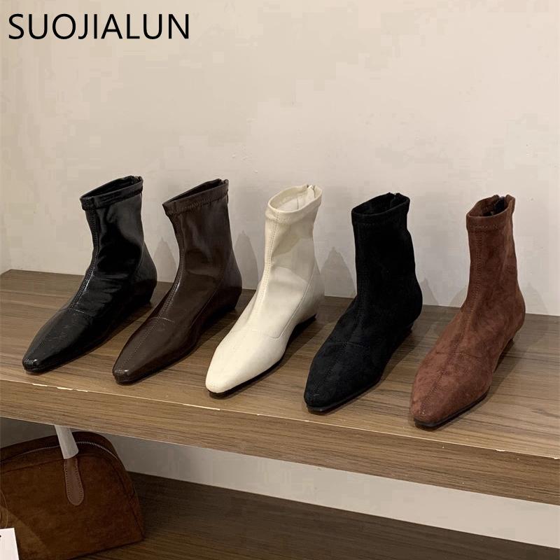 Fashion SUOJIALUN Winter New Brand Women Ankle Boots Fashion Square Low Heel Casual Short Boots Back Zip Ladies Dress Chelsea Boost