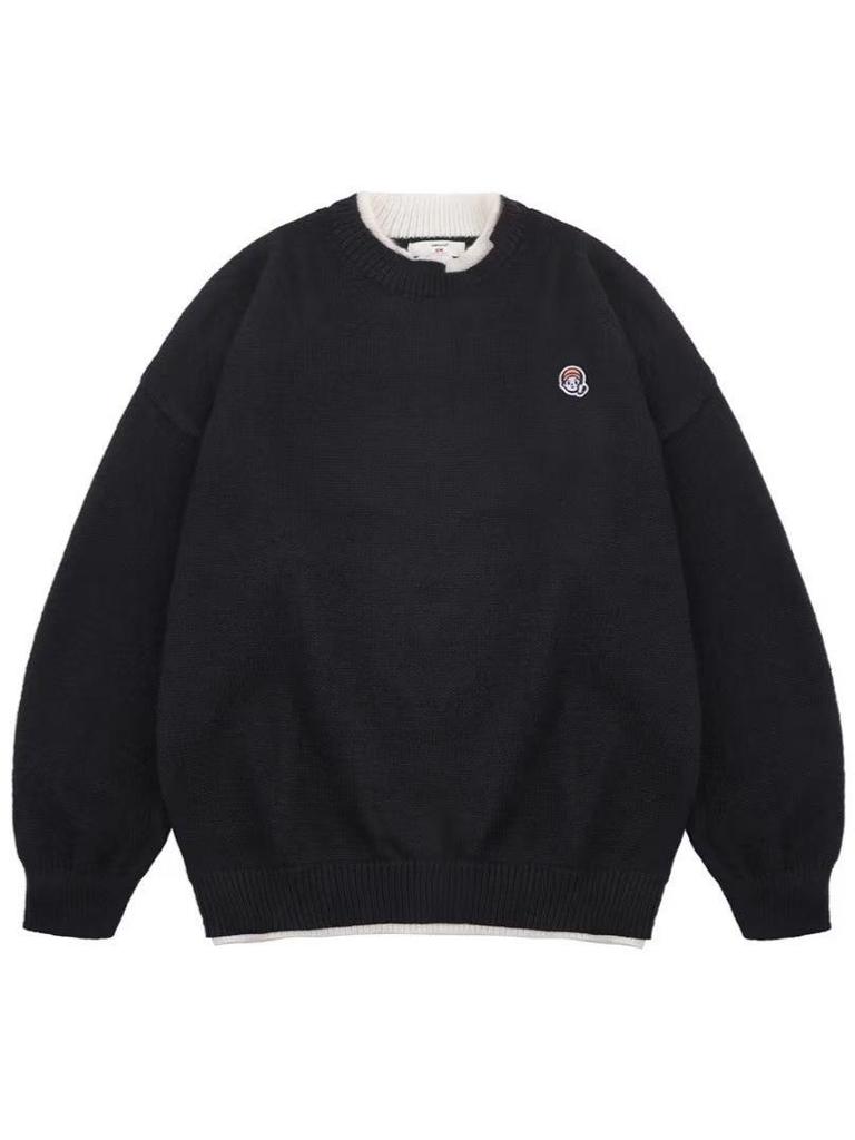 Men's Loose Fit Color Block Knit Sweater - Autumn/Winter Hong Kong Style with Round Neck, Couples Design