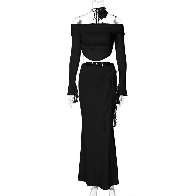 

Pink Fashion Sexy Tube Top Long sleeve Top Slim fit Skirt sets Top Slim Skirt Set Black L