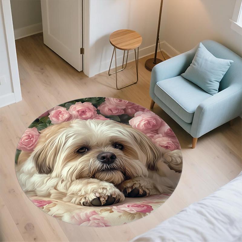 Shih Tzu and Roses Pattern Round rug,Carpet Rug for Living Room Bedroom Playroom ,Non-slip Floor Mat,Holiday Gifts and Birthday Gifts.