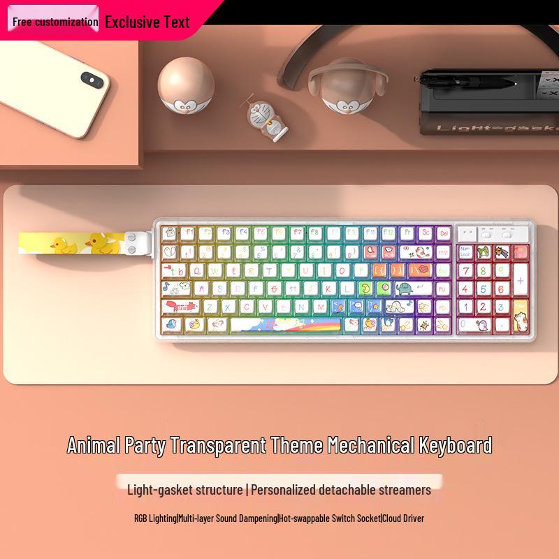 Langtu GK102 Wireless Bluetooth Wired Mechanical Keyboard - Transparent Customizable Design for Girls, Office, and e-Sports Gaming.