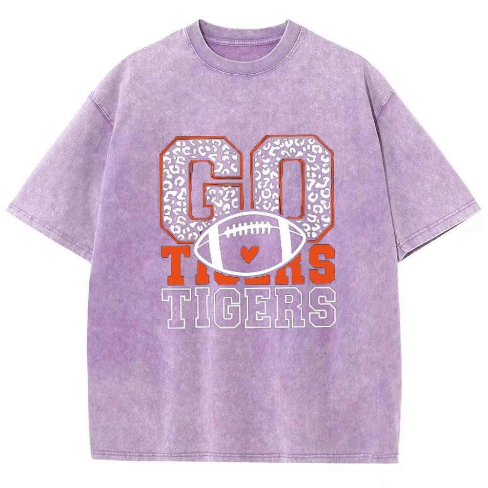 Go Tigers Letter Print Women T-Shirt Wash Oversized Unisex Couple Short Sleeve Street Hip Hop Top Sweetheart Y2k Tees