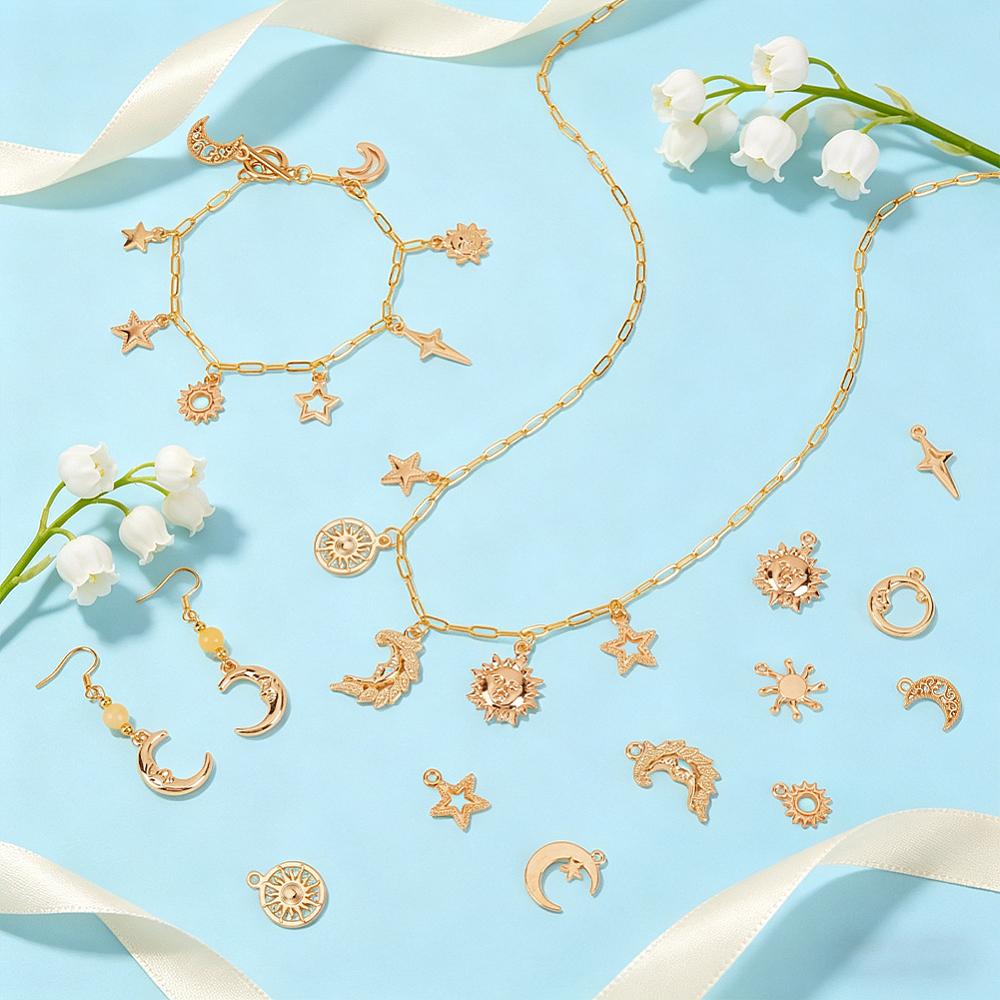 4Bags Alloy Pendants Moon/Star/Sun Charms Light Gold 11~27x8~20x2~4mm Hole: 1.6~2.5mm 20pcs/bag