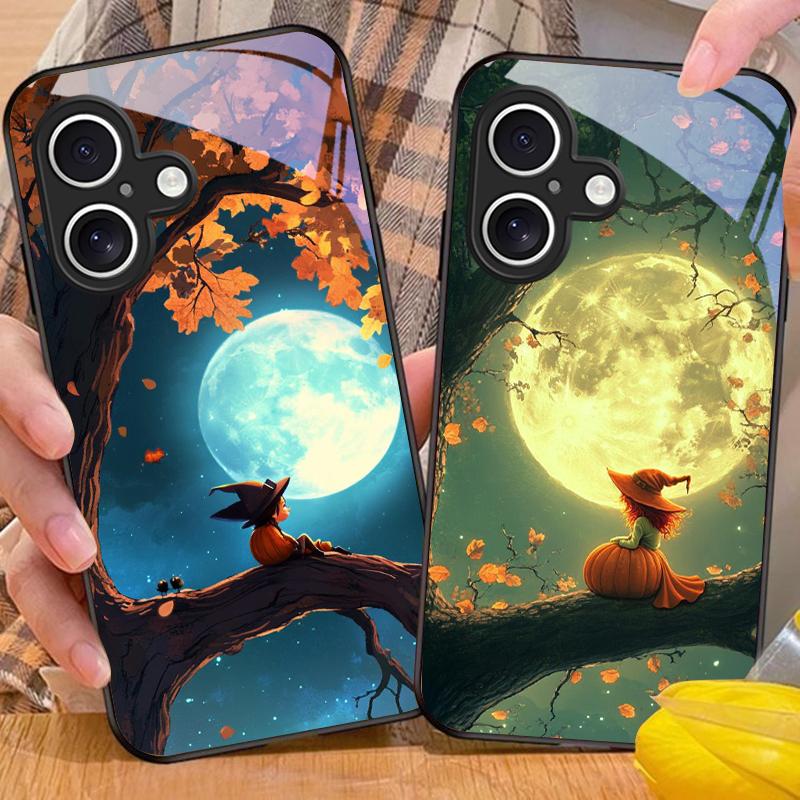 Witch Pumpkin Lantern For For iPhone 16E 15 14 13 Plus 12 Mini 11 Pro Max XR Xs X 7 8 6S 22 20 Black Tempered Glass Phone Case