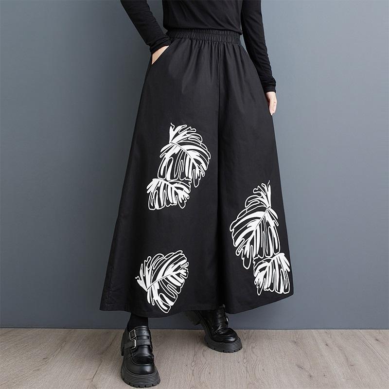 Cotton Plus Size Vintage Floral High Waist Casual Loose Spring Autumn Wide Leg Pants Women Trousers