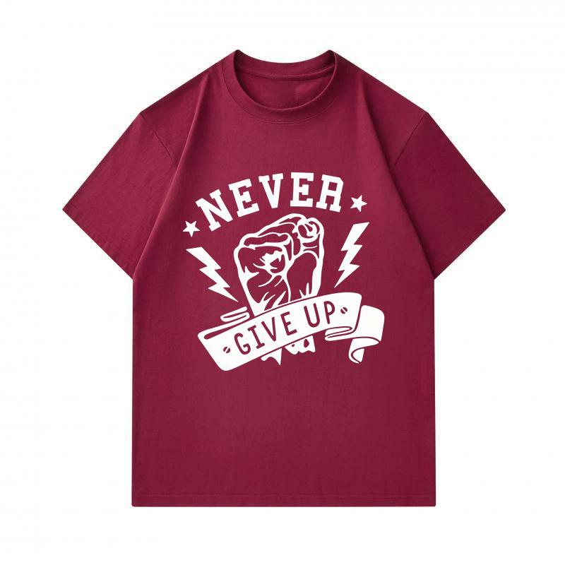 Men's 100% Cotton Crew Neck Short Sleeve T-Shirt, Never Give Up Fist Lightning Motivational Print Casual Breathable Summer Tee for Daily Wear