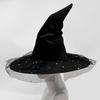 Black Velvets Witch Hat With Golden Star Elegant Curved Border Halloween Hat for Women Men Kids