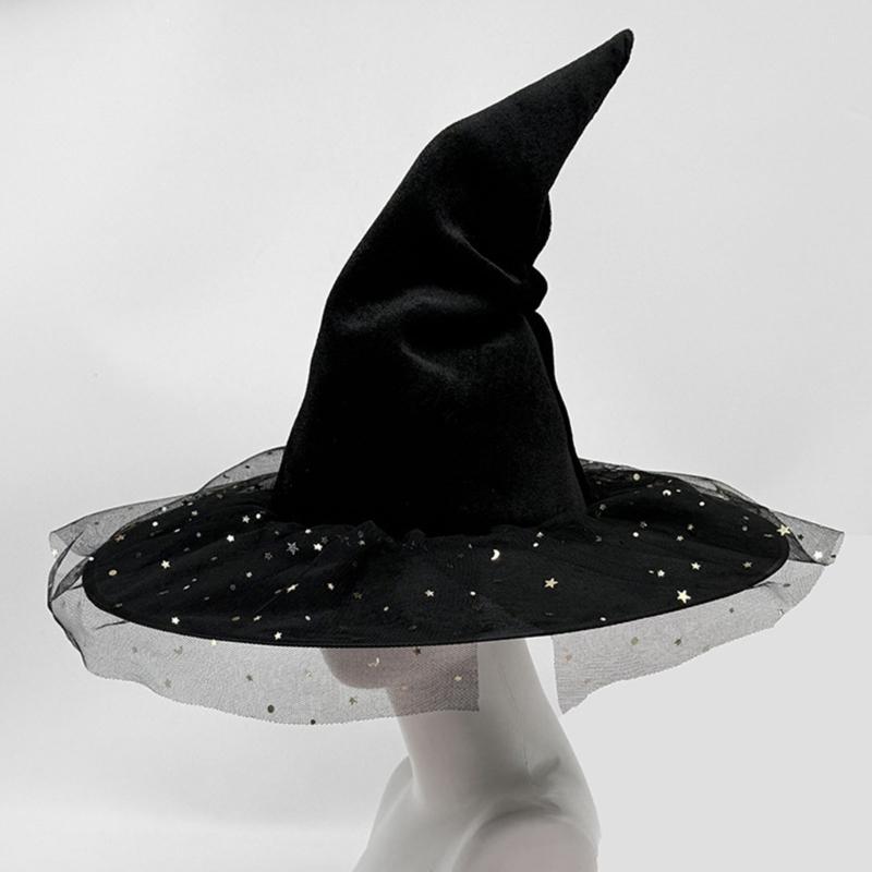 Black Velvets Witch Hat With Golden Star Elegant Curved Border Halloween Hat for Women Men Kids