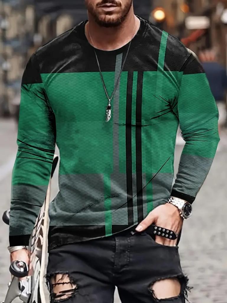 Vintage T-Shirt for Men Irregular Plaid Graphic T Shirts Round Neck Long Sleeve Tee Oversized Man Clothing Top Creative Clothing