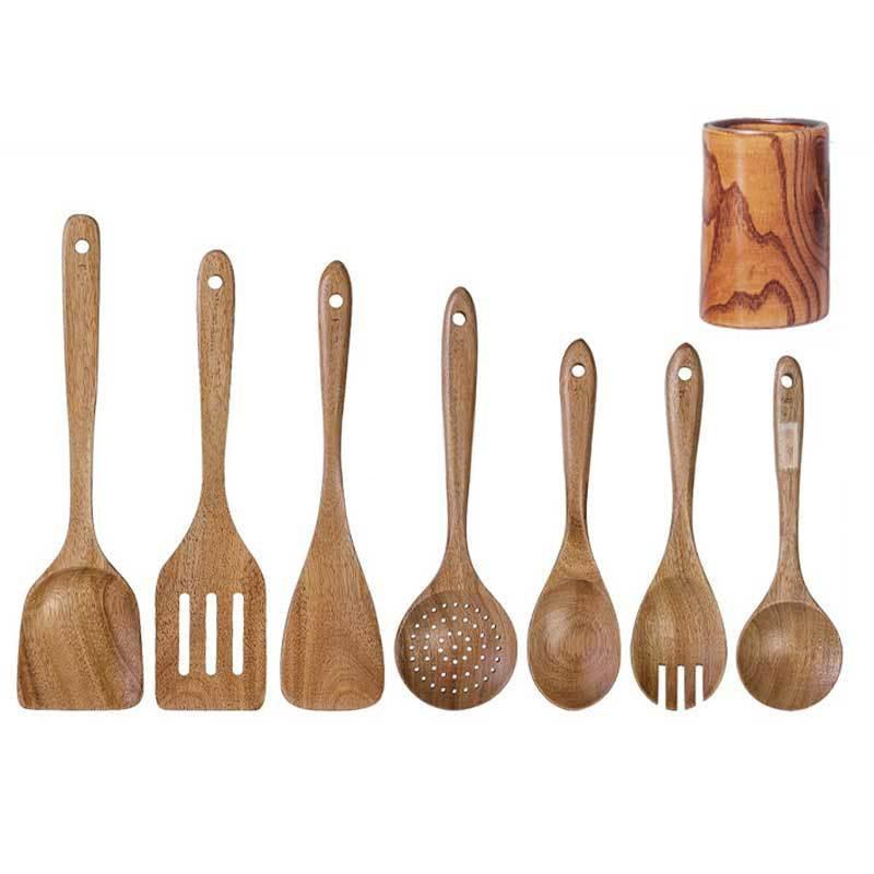 Teak Non-Stick Long-Handle Solid Wood Pan and Acacia Wood Kitchenware Set