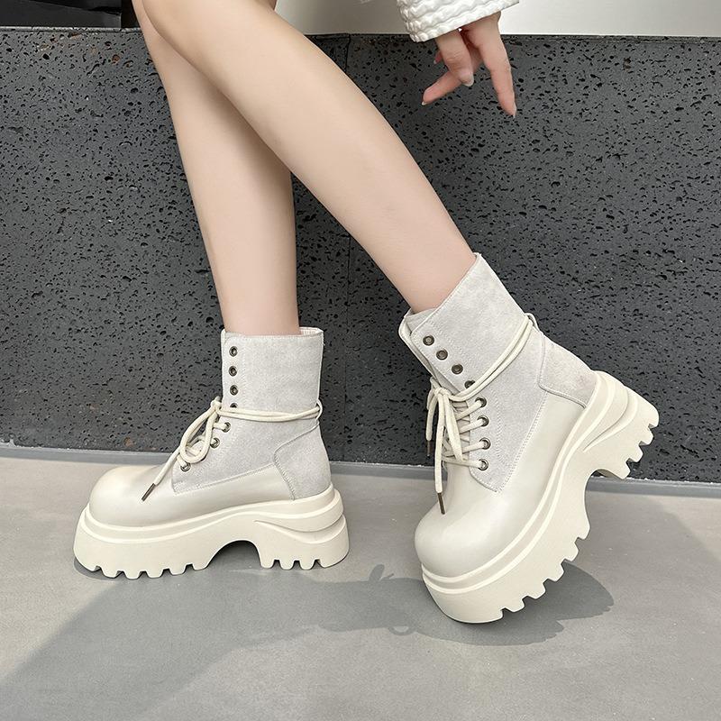 Thick-soled Cowhide Martin Boots for Women's Autumn New Heightening Retro Versatile Medium Boots for Women's Lightweight Boots for Women