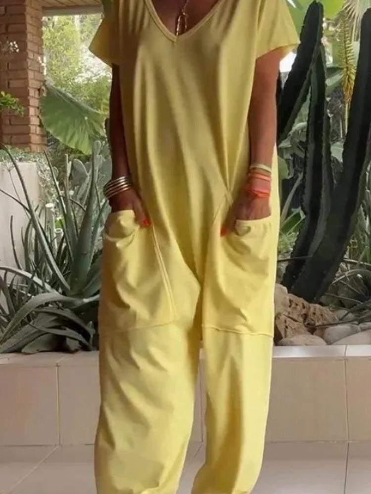 Zomer Vintage Jumpsuits Dames Korte Mouw Losse Playsuit Overall Romper Effen Elegante Zak Rompers Één Delig