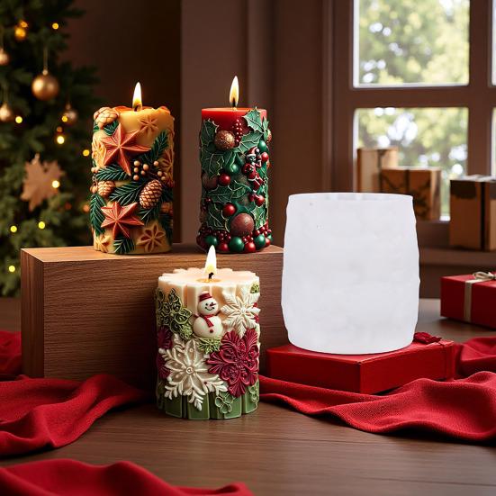 3Pcs Christmas Candle Silicone Mold for Epoxy Resin Plaster Concrete Reusable Xmas Theme Cylinder Mold for DIY Candle