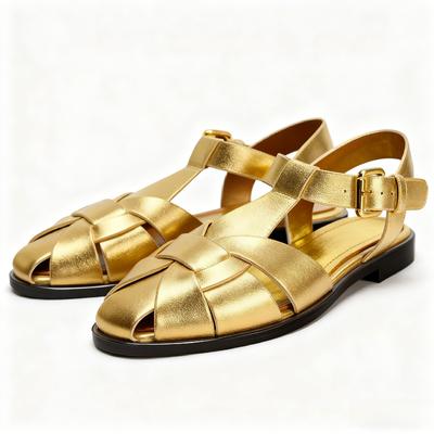 Sexy Gold Narrow Band Woven Flat Sandals Women Fashion Metal Buckle Design  Gladiator Sandals Cozy Lightweight Casual Shoes