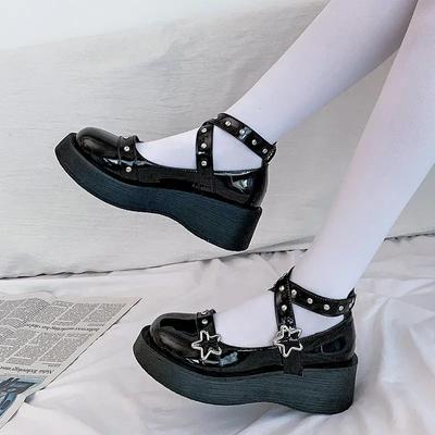 Chaussures Lolita chaussures femmes talons plate-forme mary janes étoile boucle sangle Mary Janes femmes croisées filles Rivet décontracté kawaii chaussures