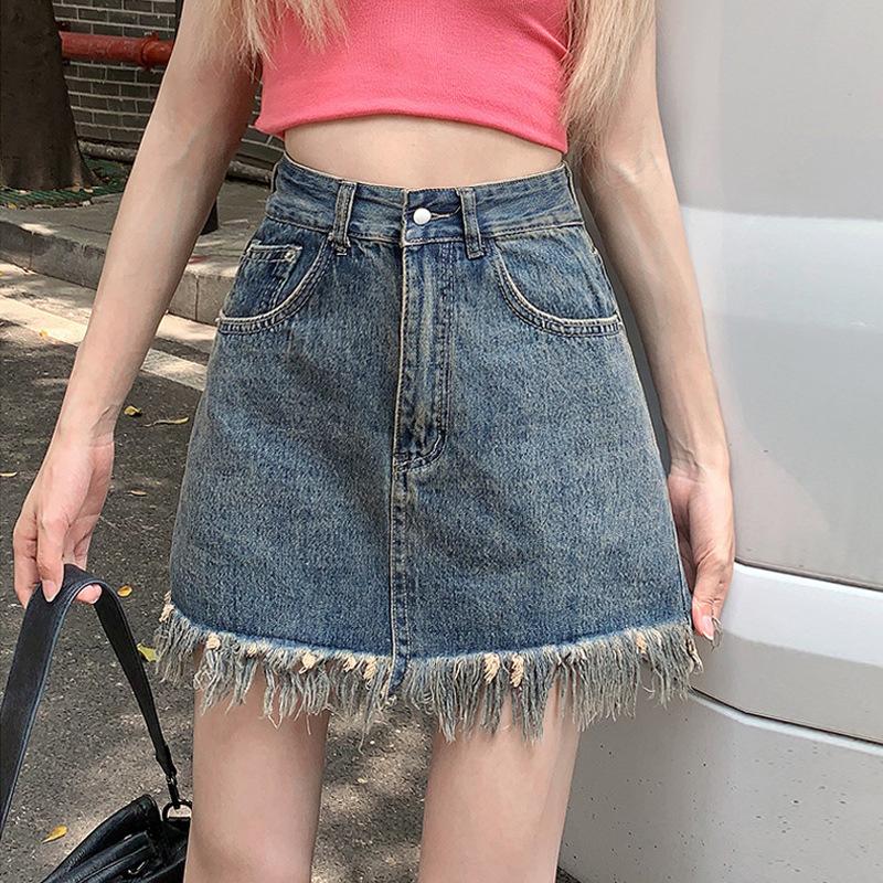 Classic Versatile Youthful Wearable Durable Skirt Half Vintage A-line Package Hip Skirt Tassel Design Raw Edge Ladies Summer Fashion Denim Short Skirt