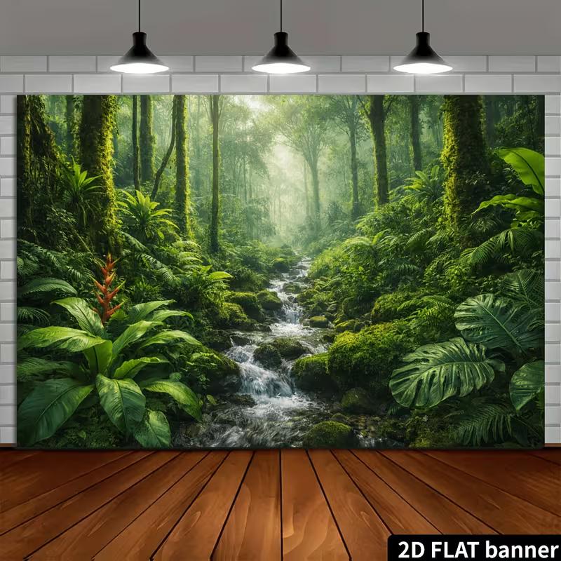 2D Enchanted Forest Mural with Mist and Tropical Plants Photo Background