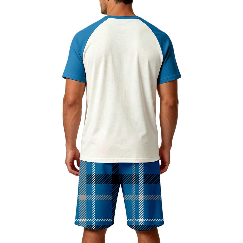 Men's Casual Pajama Set Soft Comfortable Two Piece Lounge Wear Short Sleeve Top and Plaid Shorts Sleepwear Set for Home Relaxation