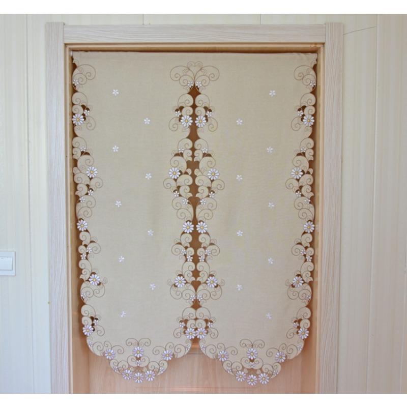 Rideau Court Kaki Clair Tissu Brodé Rideau de Porte Marguerite Rideau Élégant pour Chambre Salon Salle de Bain Cuisine, Sans Tringle, 1 pièce