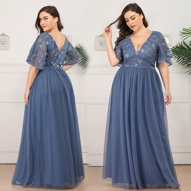 Lace and Tulle Floor Length Dress with V neck Mist Plus Size