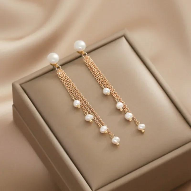 14K Gold Plated Copper Long Chain Tassel Drop Earrings with Genuine Freshwater Pearls for Women Elegant Jewelry