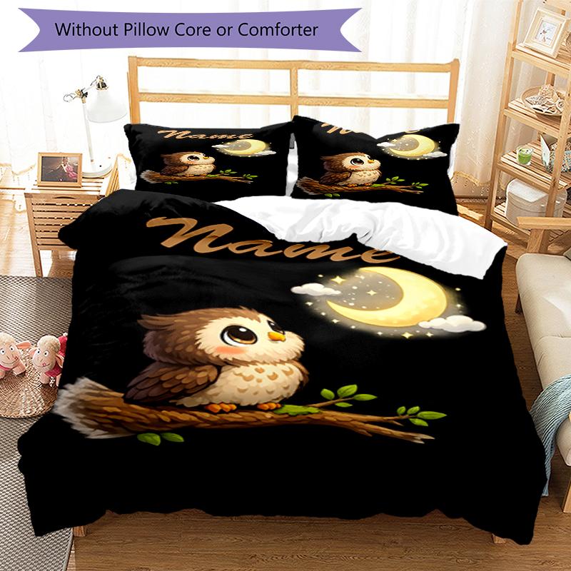 3pcs Custom Name Owl Bedding Set Duvet Cover Closure Includes 1 Duvet Cover & 2 Pillowcases, Soft and Comfortable for All Seasons.