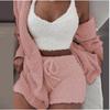 Women's Loose Fit Three Piece Loungewear Long Sleeve Fuzzy Cardigan V Neck Tank Drawstring Waist Shorts Winter Solid Tracksuit