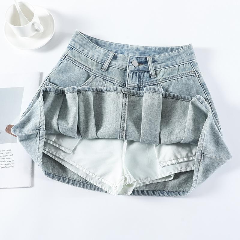 Retro Denim Skirt for Women In Summer New High-waisted Slim A-line Pleated Short Skirt