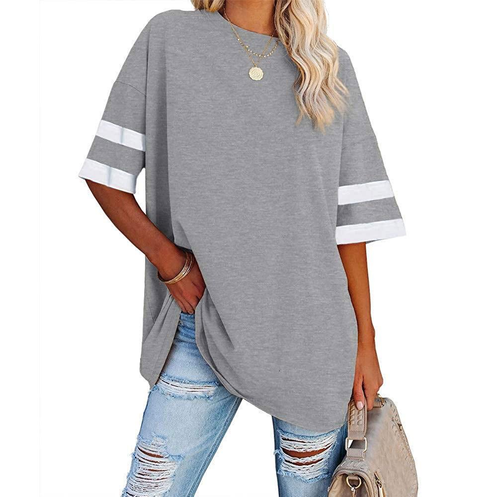 Women's Loose Half-sleeve Round Neck Colour Clashing Drawstring T-shirt