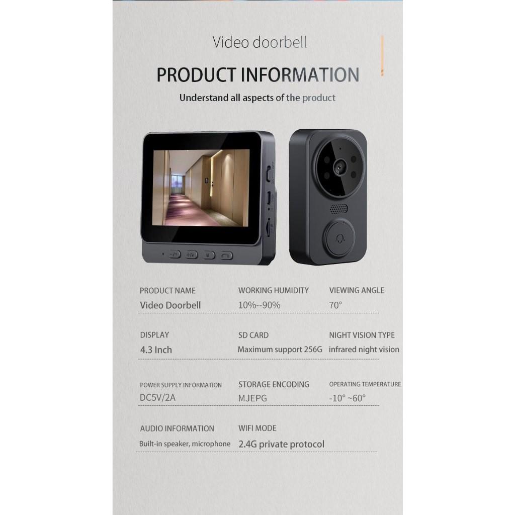 4.3 Inches Screen Wireless Smart Video Doorbell Household Night Version Two-Way Speaking Video Door Ring