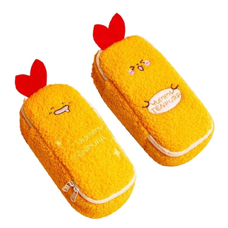 Cartoon Furry Shrimp Pencil Case Large Compartment Plush Pencil Pouches Zippered Closure For Offices School Travel Use
